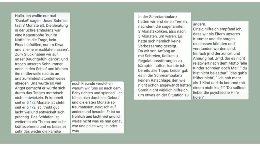 Erfahrungen in der Schreiambulanz in der Nähe. Schreibabyambulanz.
Laut und Liebe Babyschreiberatung für Kolik, Dreimonatskoliken, Schreibaby, Highneedbaby und Regulationsstörung. 3 von 5