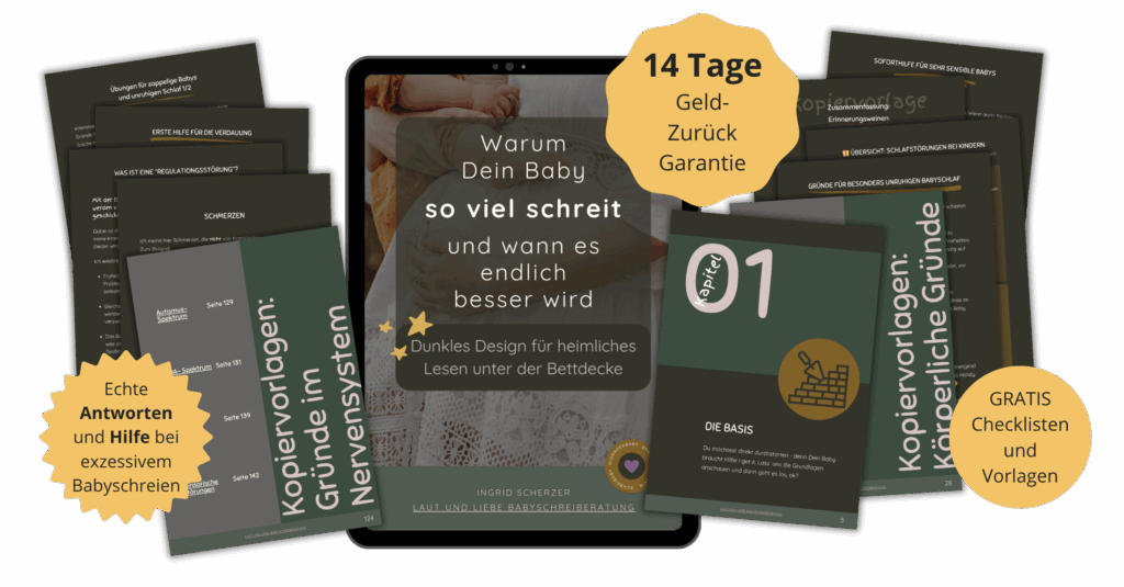 Warum Dein Baby so viel schreit und wann es endlich besser wird. Laut und Liebe Schreibaby, Highneedbaby, Regulationsstörung, Anpassungsstörungen, Kolik. Dunkles Design.